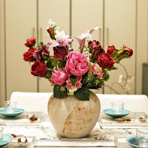 Artificial Flowers Arrangements, Fake Rose & Peony Real Touch Bouquet, Lifelike Faux Floral Assortment Centerpiece for Home Wedding Party Decor (Red & Pink Mixed)