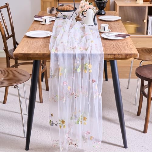 vctops 2 Packs Embroidery Lace Fall Table Runner 10ft Floral Garden Seasonal Tulle Table Runner Holiday Kitchen Dining Table Decoration for Wedding Party Baby Shower Birthday (White,30"x120") - color: White