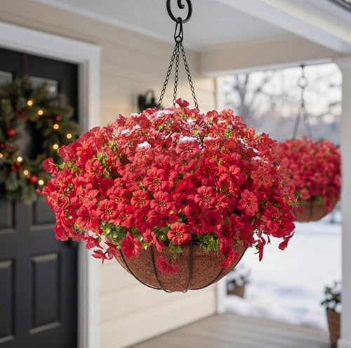 Hananona 24 Pcs Artficial Outdoor Flowers with Hanging Baskets, 2 Pack Hanging Planter with Red Outdoor Spring Flowers for Christmas Porch Home Patio Yard Decor (2, Red) - color: Red