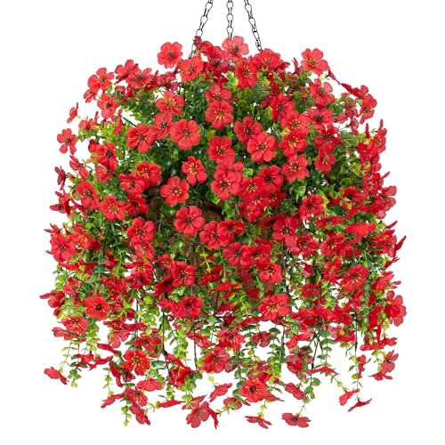 Ammyoo Artificial Fake Hanging Flowers with Basket for Outdoor Spring Decoration, Faux Silk Daisy Flower Real Touch Hanging Plants UV Resistant for Outside Porch Patio Garden Yard Home Decor(Red) - color: Red