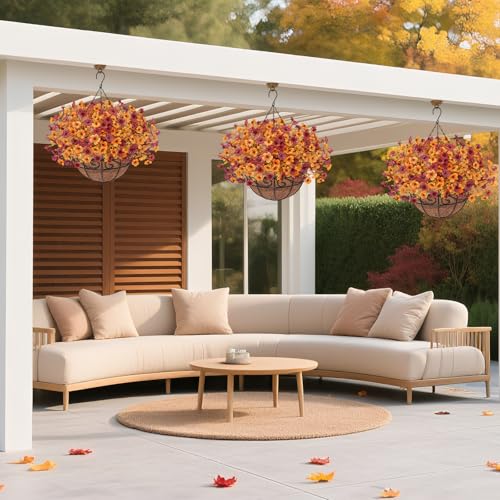2Pack Fall Artfiticial Hanging Flowers Baskets for Outdoors, UV Resistant Fake Fall Hanging Plants, Faux Orange Flowers for Autumn Home Patio Front Porch Balcony Decor (Yellow Red) - color: Yellow Red