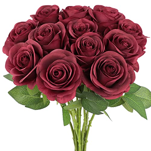 JUSMAI 12pcs Roses Artificial Flowers Fake Flowers with Long Stems Burgundy Silk Flowers for Wedding Bouquet Centerpices Decorations Party Bridal Baby Shower Home Decor - color: Burgundy, size: 12PCS