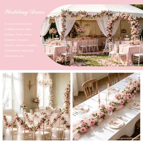 Dallisten 2 Strands 73'' Artificial Silk Rose Flower Vines Garland, Fake Pink Roses Floral Green Leaves Hanging Plant for Wedding Arrangement Decoration, Wall, Party, Bedroom, Home Decor (Pink) - color: Pink