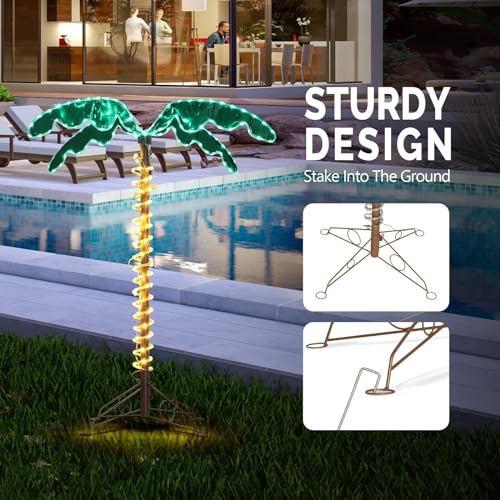 VINGLI 4FT Lighted Palm Tree Christmas Tree, Outdoor for Outside Patio Pool Yard Holiday Decor, Artificial Light up with Lifelike Leaves and Rope LEDs - size: 4ft