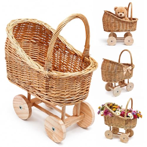 Vintage Wicker Baby Carriage Decor，Woven Rattan Stroller Flower Basket Cart for Wedding Centerpieces, Baby Shower Party Supplies & Nursery Floral Arrangement Props Floral Rustic Home Decor - color: Medium-1