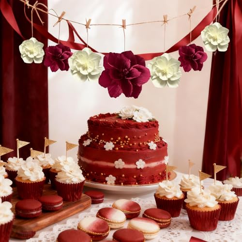 BRT Bearingshui Crepe Paper Flowers Decoration for Wall Total 9 Pcs, Artificial Flowers Backdrop for Wedding Decor Baby Bridal Shower Birthday Party, Burgundy Cream 3D Wall Flowers Decor - color: Burgundy Cream