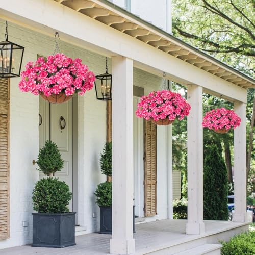 INSPRING Geraniums Artificial Flowers Hanging Basket for Outdoors Outside Spring Decoration, 8 Bundles Silk Flowers Fake Plants Look Real UV Resistant for Porch Home Patio Balcony Yard, Pink - color: Pink