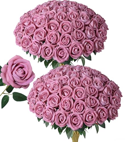 50 PCS Dusty Roses Artificial Flowers, Fake Roses with Stem Realistic Silk Roses for DIY Wedding Bouquets Tables Centerpieces Arrangements Baby Shower Birthday Home Decor Valentine's Day Gift for Her - color: Dusty Rose