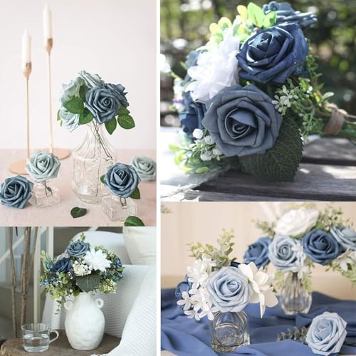 Higfra Artificial Flowers 50 Stems Realistic Roses - Lifelike Fake Flowers for Wedding Bouquets, Baby Shower Decor, Home Centerpieces, DIY Floral Arrangements (Dusty Blue Shades, 50Pcs) - color: Dusty Blue Shades, size: 50Pcs