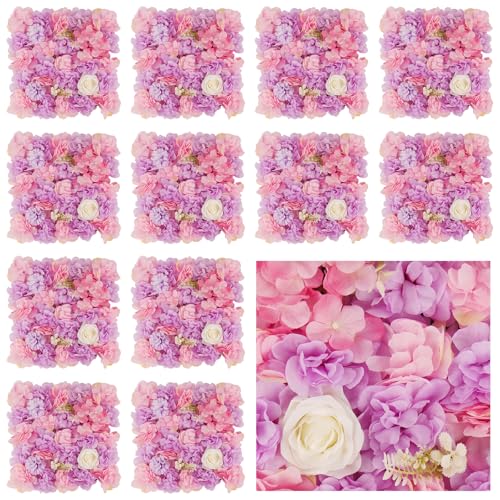3D Flower Wall Backdrop - 12Pcs 15×15 Inch Artificial Rose Panels Pink & Purple Silk Floral Decor for Home Party Wedding Anniversary Birthday Photographic Studio Background & Decorative Fences - color: Pink and Purple, size: 12PCS-15x15