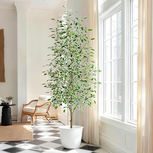 Bailikang 7FT Artificial Ficus Trees Indoor Faux Trees Indoor Fake Floor Plants Tall Artificial Tree with White Pot Faux Tree Fake Indoor Tree Silk Plants Artificial Trees for Home Decor Indoor - color: White Leaf With White Pot, size: 7ft
