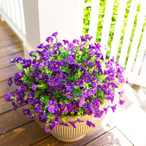 HyeFlora Artificial Flowers for Outdoors Fake Plants Outside Decoration, 12 Bundles Silk Purple Morning Glory with Eucalyptus UV Resistant Look Real Faux Flower for Planter Front Door Porch Patio Yard - color: Purple