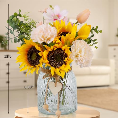 Leftover Fake Flowers in Vase, Artificial Sunflower Bouquets with Flower Arrangement Holder, Table Centerpieces for Dining Room, Faux Silk Sunflowers, Carnations and Tulips Arrangement - color: Pink