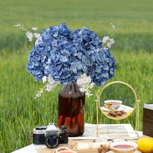 ZYTUYO 3PCS Dark Blue Hydrangea Artificial Flowers 25.6" Large Fake Hydrangeas Flowers with Stems Faux Silk Bouquet for Indoor Home Decor Table Wedding Party Floral Outdoor Centerpieces - color: Dark Blue