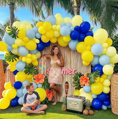 Blue and Yellow Balloon Garland Double Stuffed Pastel Yellow Dusty Blue Balloon Arch Kit for Summer Tropical Hawaiian Luau Lemon Baby Shower Birthday Wedding Party Decor - color: Yellow Blue