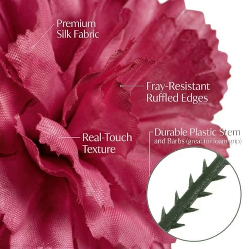 Larksilk 100 Pack Artificial Carnations - Bulk Silk Flowers for Weddings, Mother's Day, Graduations, Easter & Memorial Day - 3.5" Heads, 5" Stems, Real Touch Petals, 18 Colors Available - Fuchsia | Bulk silk carnation heads with detachable stems, real-tou
