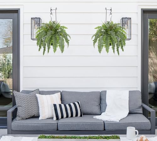 Artificial Fern Hanging Basket Plant 25" Boston Ferns 31 Leaves Greenery Plants with Rattan Pot for Outdoors & Indoor Fake Fern Bush Plant in Pot for Patio Entrance Porch Garden Decor Dusty Green - color: Hanging Basket - Dusty Green Medium 2