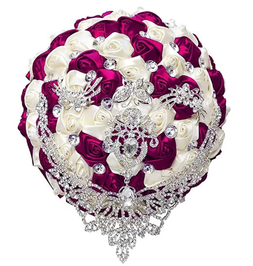 Handmade Luxury Wedding Bridal Bouquet Large Silk Rose Holding Toss Artificial Flowers Bouquets with Satin Ribbon Pearls Rhinestone for Bride Vintage Royal Wedding Bouquet (Custom Color) - color: Custom