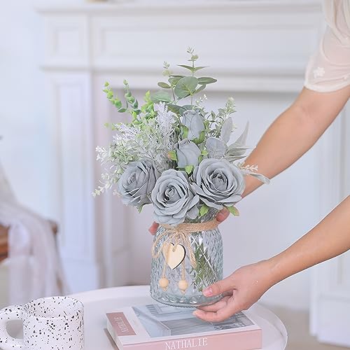 Faux Flowers with Vase,Artificial Silk Roses in Vase, Fake Plant Eucalyptus Flower Arrangement for Home Office Farmhouse Bathroom Dining Table Centerpiece Decorations Coffee Table Decor (Grey Blue) - color: Grey Blue