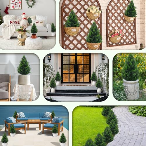 Artificial Cedar Topiary Plants: 20 Inch (4P) UV Resistant Faux Pine Stems Shrubs Plastic Greenery for Outdoor Indoor Home Decor, Garden, Front Porch, Office, Restaurant & Holiday Party