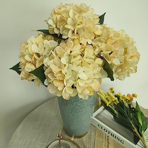 Hydrangea Artificial Flowers,6 Pcs Faux Hydrangea Flowers,Artificial Hydrangeas Flowers with Stems,Fake Hydrangeas,Silk Hydrangeas Flowers with Stems for Home Decor (6, Champagne) - color: Champagne