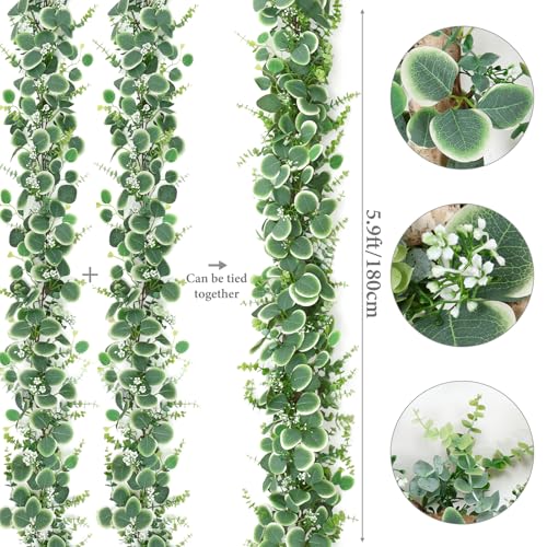 Betylifoy 2 Pcs Artificial Eucalyptus Garland 12FT Faux Silver Dollar Eucalyptus Leaves Garlands Hanging Vines Fake Greenery Garland with Flowers for Wedding Party Table Runner Home Mantle Decor - size: 2pcs