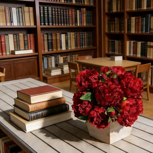 Artificial Hydrangea Flowers Arrangement in Wood Planter, 4PCS Fake Flowers in Wooden Vase Potted Floral Centerpieces for Tables Living Room Home Office Kitchen Decor (Red Peony) - color: Red Peony