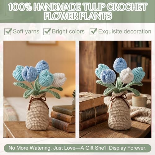 Marsui Crochet Knitting Tulip Bouquet with Vase 7" Knitted Artificial Forever Tulip Handmade Woven Flower with Exquisite Pot Gift for Father's Gifts Back to School Gift Family Home Desk Decor(Blue) - color: Blue, style: Tulip