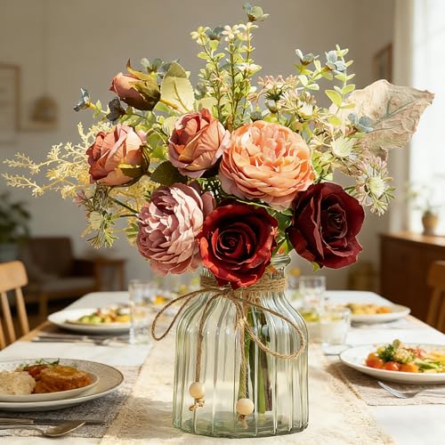 LESING Fake Artificial Flowers with Vase Faux Silk Flower Bouquet in Glass Vase Rose Floral Arrangements Flower for Home Office Decoration, Dining Table Centerpiece (Red) - color: Red