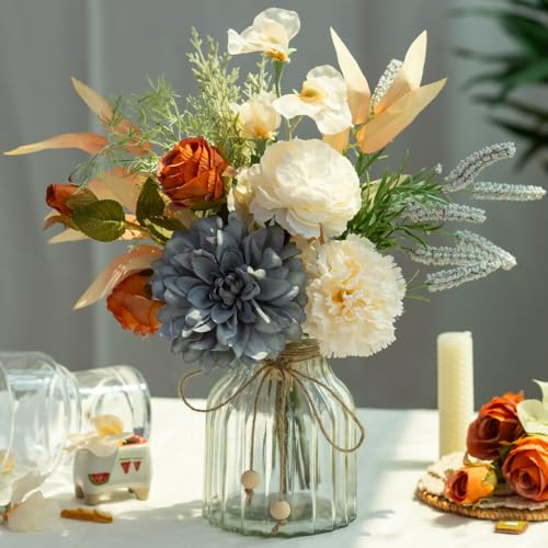 LESING Dahlia Flower Aritificial Flower with Vase Fake Silk Flowers in Glass Vase Faux Rose Flowers Arrangement for Home Office Table Centerpiece Decoration (Blue) - color: Blue