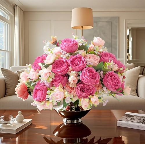 peonies artificial flowers 12 Bundles pink flowers bouquet, Lifelike Silk Fake Peonies with Stems for Home Table Centerpieces, Wedding, Party & DIY Bridal Floral Arrangements (Rose red + pink) - color: Rose Red + Pink