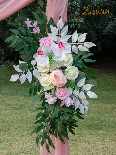Lisuun Artificial Wedding Arch Flowers with Chiffon Runner, Pack of 3 | Includes 2 Flower Swags, 1 20ft Chiffon Runner and Zip Ties for Wedding Arches, Arbors and Backdrops - color: Blush&pink