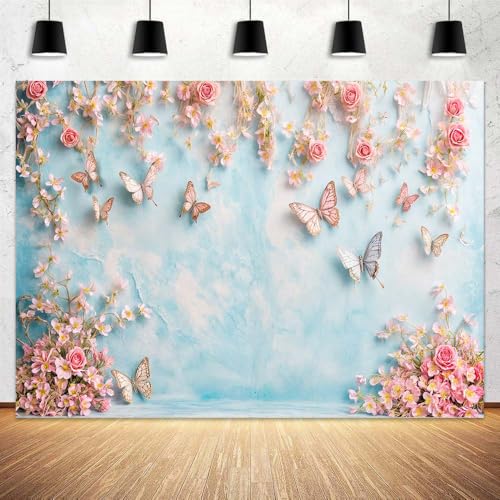 5x3ft Butterfly Floral Backdrop Birthday Colorful Flowers Photo Background for Girls Wedding Birthday Party Girls Princess Butterfly Theme Baby Shower Events Party Decorations Photo Booth Props - color: Pink, size: 5X3FT