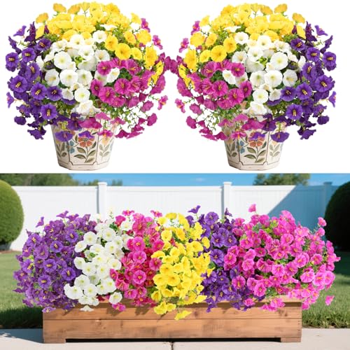 12Pcs Faux Silk Morning Glory with Eucalyptus, UV Resistant Realistic Artificial Flowers Outdoor Indoor Decor, Fake Plants for Porch Patio Garden Balcony Cemetery Home (Yellow,White,Purple,Rose Red)