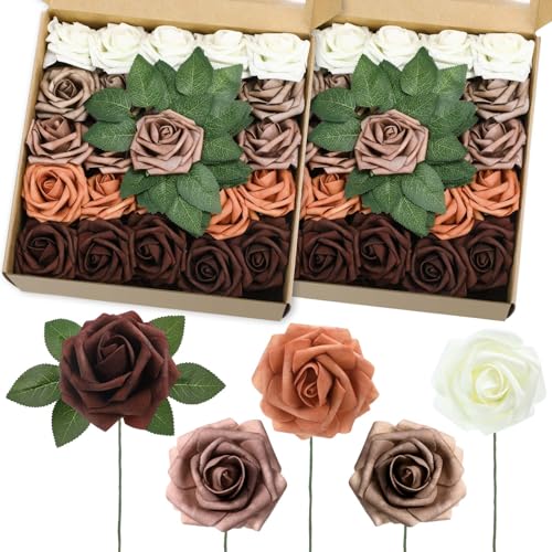 50 Pcs Artificial Foam Rose Flower Faux Bouquet Wedding Fake Rose Gift for Mother's Day Women DIY Bridal Shower Party Table Birthday Home Spring Decor (Shades of Earth Tones) - color: Shades of Earth Tones