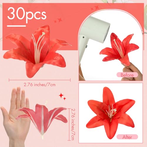 Suncalla 30 Pack Large Artificial Lilies Flower Heads with Realistic Stamens 5.9" Faux Fake Lily Flower Heads Bulk for DIY Crafts Cake Wedding Bridal Wreaths Table Home Party Decor (Red) - color: Red