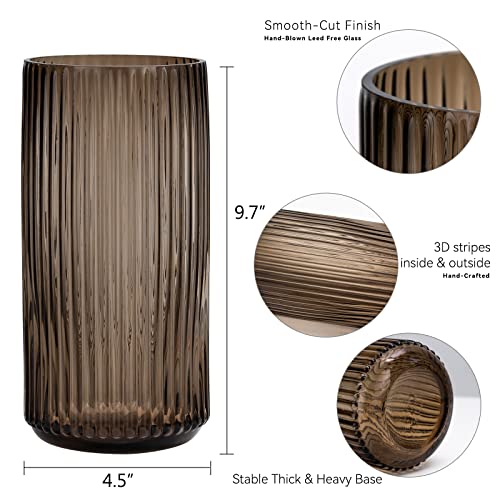 TIMEFOTO Flower Vase 10 inch Amber Thickened Hand Blow Glass Vase Round Vintage Striped Bottles for Bookshelf,Dinner Table,Indoor Office Desktop,Meeting Room,Bathroom,Home - color: Glass Amber, size: 10 inch
