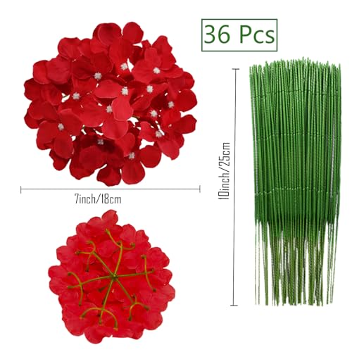 FagusHome Silk Hydrangea Heads 36 Pcs Artificial Flowers Heads and 3 Dozens Stems Fake Hydrangea Flowers with Stems for Home Wedding Decor (Red) - color: Red