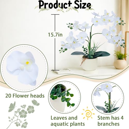 ucky White 15.7" 3D Lifelike Artificial Orchid Plant with 20 Heads, Realistic Faux Phalaenopsis in Ceramic Pot for Home Decor, Elegant Fake Flower Arrangement Table Centerpiece - color: White