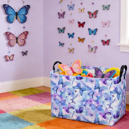 Rectangular Purple Butterfly Baskets,Foldable Waterproof Outdoor Purple Gift Basket with Handle,Baby Storage Basket,Girls Baskets,Butterfly Room Decor(Cute Butterfly) - color: Cute Butterfly