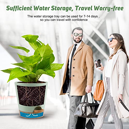 YNNICO Indoor Self Watering Planters with Drainage Holes and Saucers, 8, 7, 6.5, 6, 5.5, 5 Inches, Green, 6 Pots. - color: Green, size: 8+7+6.5+6+5.5+5 inch