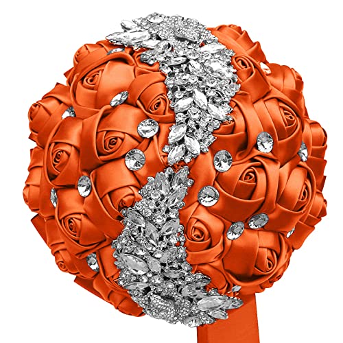 XINNI Brooch Bridal Wedding Bouquet Bride Bridesmaids Satin Rose Flower Bouquet with Meteor Shower Shape Rhinestone for Wedding Orange - color: Orange