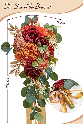 Serwalin 9.8 Inch Wedding Bouquets for Bride Bridesmaid, Orange Burgundy Dahlia Bridal Bouquets for Bride, Wedding Flowers Bouquet, Wedding Ceremony and Anniversary Decor - color: Abundant Orange Burgundy