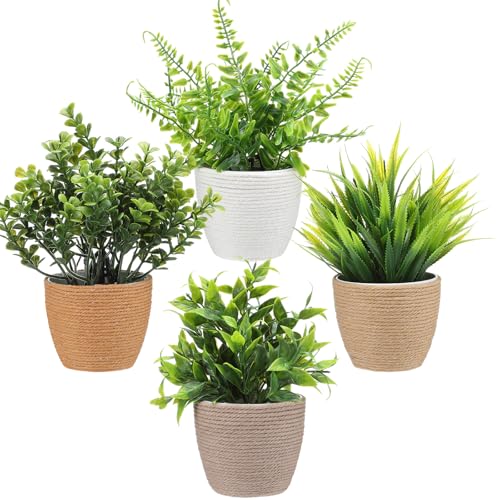 Suncalla 4 Pcs Boho Woven Artificial Plants, 8.7" Small Faux Eucalyptus in Woven Planters, Waterproof Fake Potted Greenery for Farmhouse Bathroom Home Office Shelf Decor