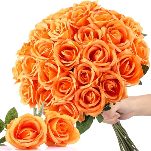 Thiccywoov 30 Pcs Rose Artificial Flowers in Bulk Lifelike Long Stem Silk Roses Bouquets Realistic Faux Flowers for Wedding Bridal Shower Home Decor Floral Arrangements Table Centerpiece(Orange) - color: Orange