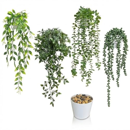 4 Pack Artificial Hanging Plants for Shelf,Fake Plants for room decor,String of Pearls,Mandala & Pea Pod Leaves in Pots for Indoor Outdoor Shelf Wall Decor - Realistic Faux Greenery(white flowerpot) - size: 4in1-white