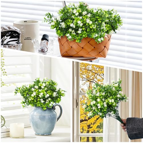 SJL Fake Outdoor Plants, Uv Protected Artificial Outdoor Flowers No Fade Faux Spring Flower Realistic Plastic Plant for Patio Home Yard Garden Indoor Outside Decoration 10Pcs(White) - color: Bundle White-plant