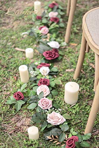 Lookein Artificial Rose Flower Garland Greenery Garland 5FT for Wedding Ceremony Backdrop Arch Flowers Table Centerpieces Decorations, Burgundy - color: Burgundy
