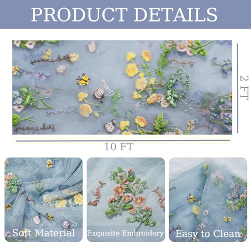 Blue Floral Table Runner 10ft Embroidery Tulle Spring Wildflower Table Runner Seasonal Summer Butterfly Kitchen Dining Gauze Decoration for Baby Shower Wedding Party Birthday (1 Pcs) - color: Blue