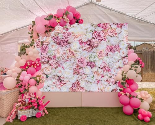 7x5ft Rose Floral Wall Backdrop Pink Rose Flowers Background Tea Party Backdrops Wedding Birthday Bridal Shower Valentine's Day Mother's Day Party Decoration Banner Studio Props - size: 7x5ft